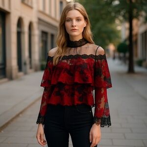 N By Nancy M Sheer Black Tulle Red Embroidered Flowers Off Shoulder Illusion Top